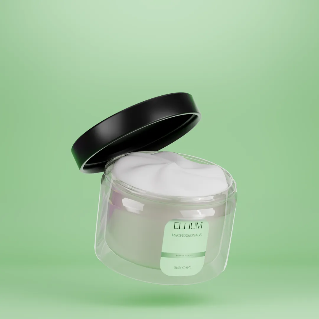 3D render of an open Ellium face cream jar on a green background